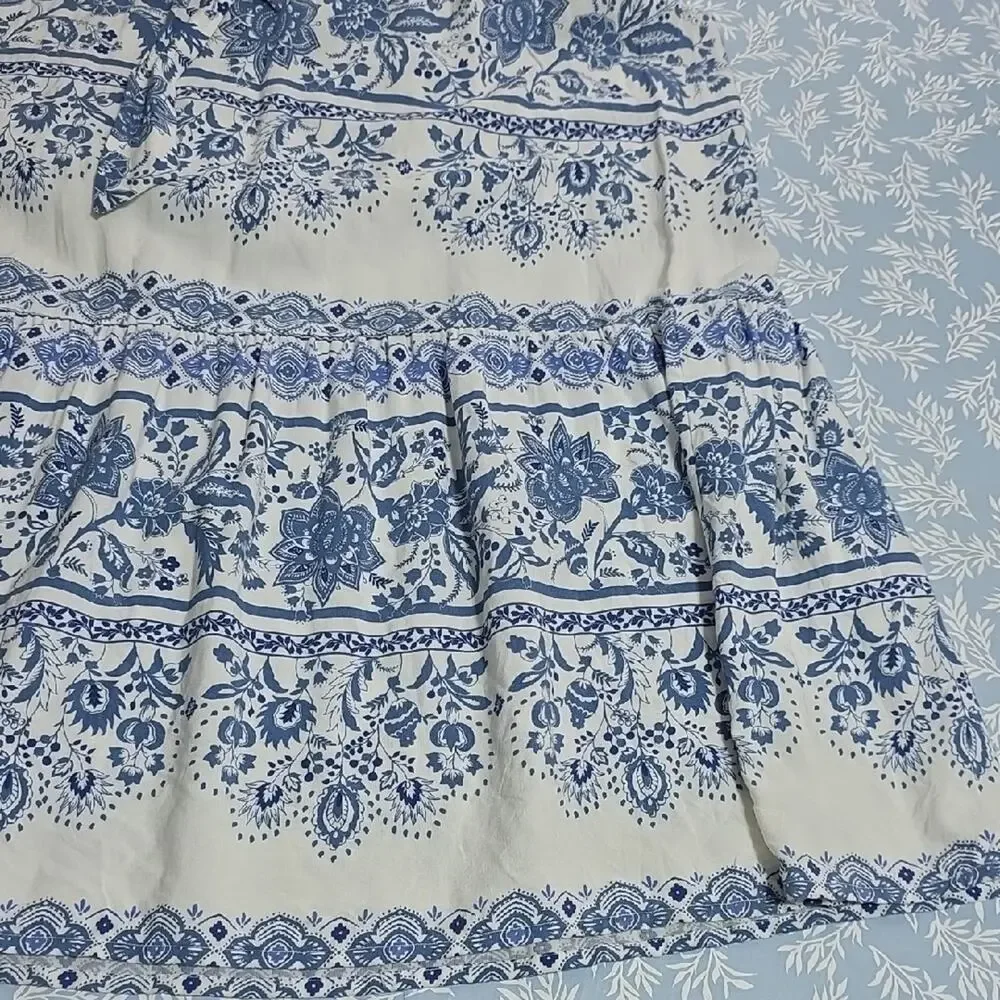 LOFT Womens Sz M Blue and White Dress Tiered Beachy BOHO Feminine Fairy Maxi